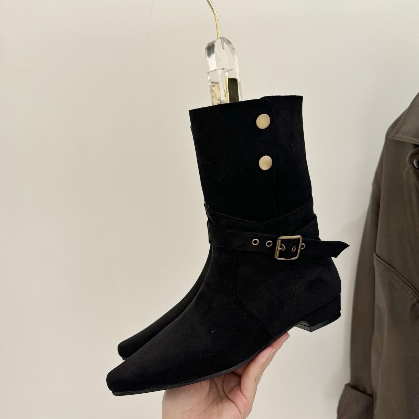 

Point belt buckle two wear knight boots women s 2025 new autumn and winter flat western cowboy boots medium tube stacking boots 40