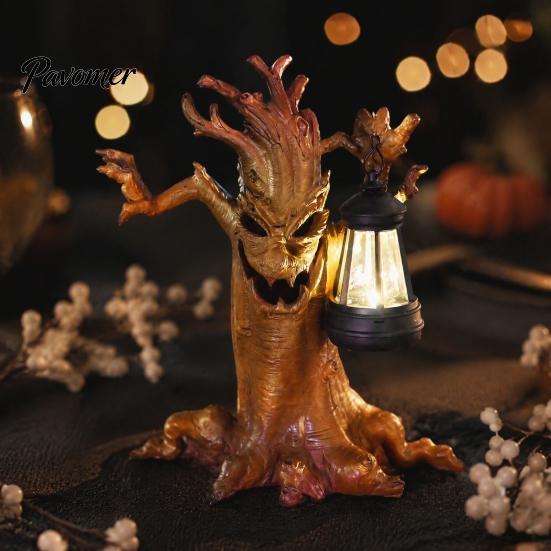 Wasserdichte Harz-Außenornamente Halloween Gruselige Baumstatue mit Solarlaterne, Gruselige Kreative Dryadenfigur Dekor Geisterfigur, Wetterfest
