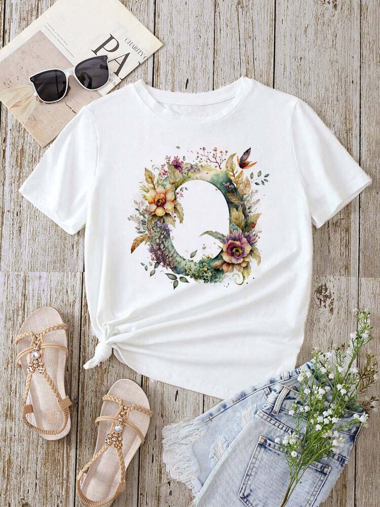 Custom Name Letter Combination Fashion Women T-shirt Floral Letter Font A B C D E F G Short Sleeve Tops White T-shirt