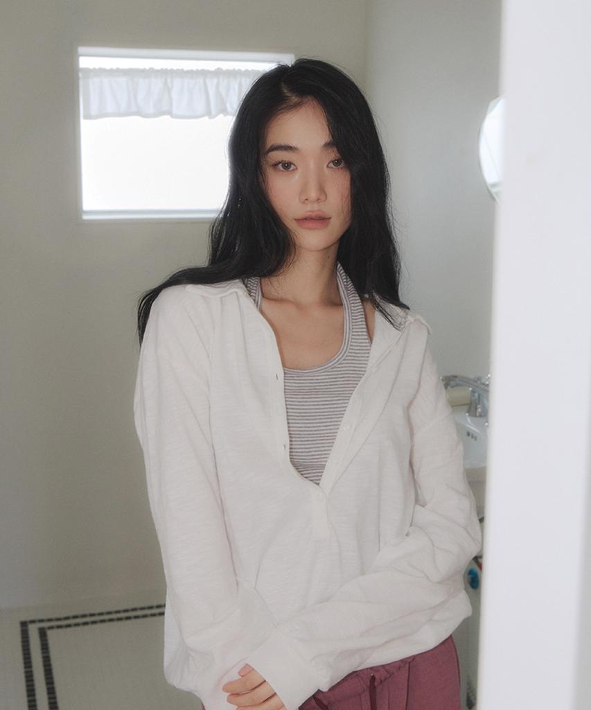 Seuteulaipeumagalin Summer Sleeve Open Button Loose Collar T-Shirt Ivory