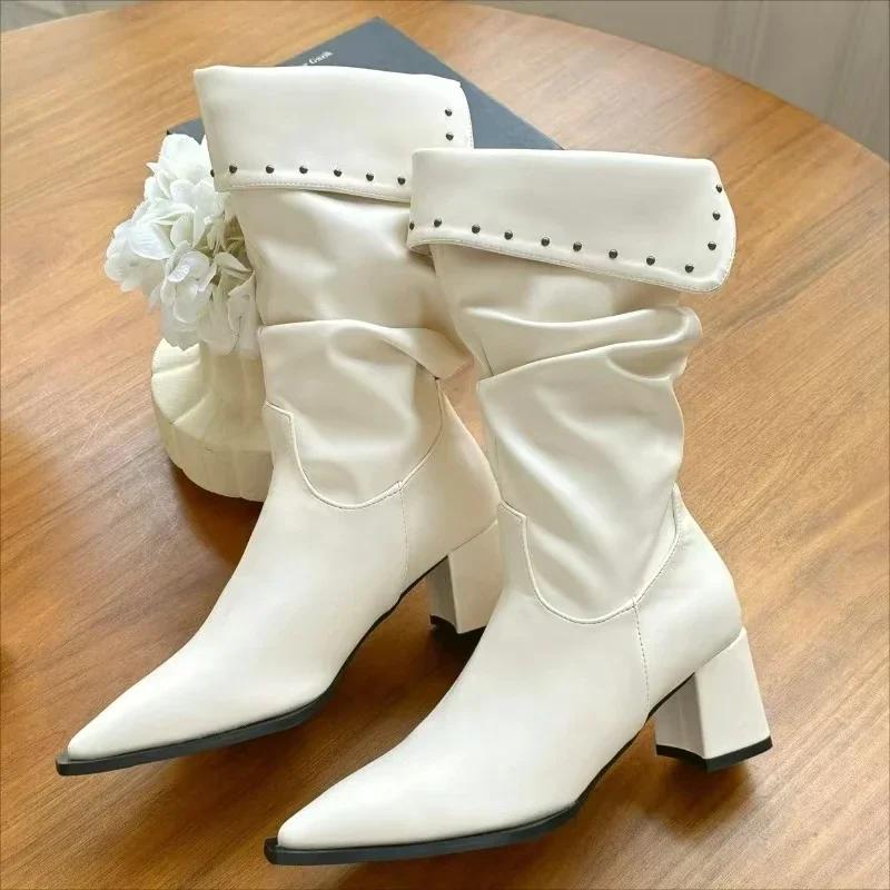 Fashion Autumn Winter Women Boots Point Toe High Heels Retro Ladies High-end Leather Chelsea Boots Platform Mid Calf Boots Female Botas
