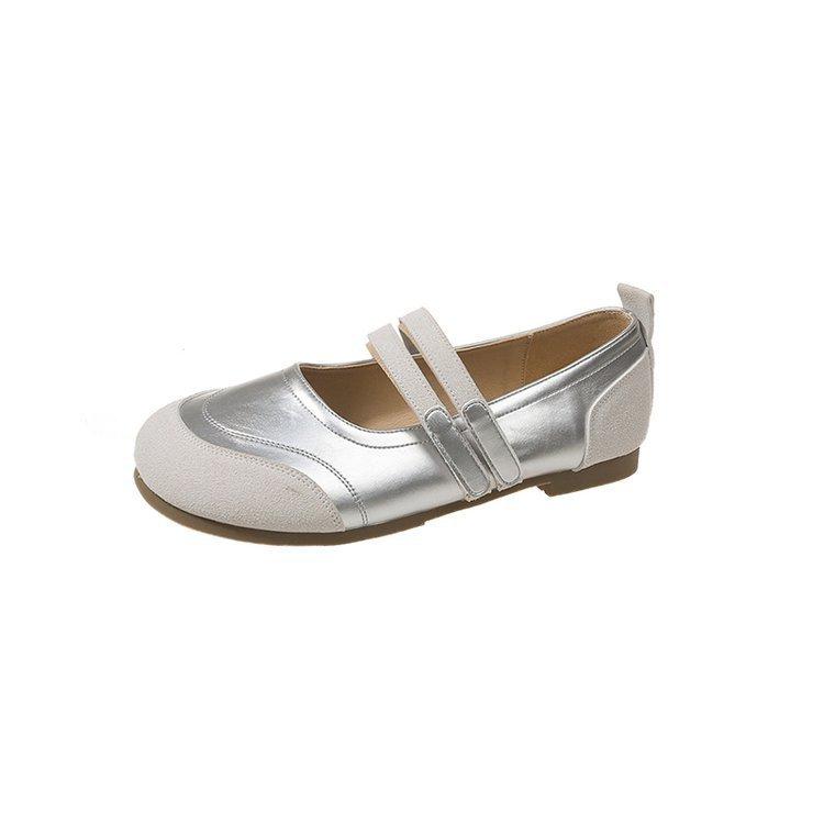 Casual Silver Mary Jane Shoes Female Commuter Single Shoes Autumn Hundred with A Word with Velcro Flat Shoes