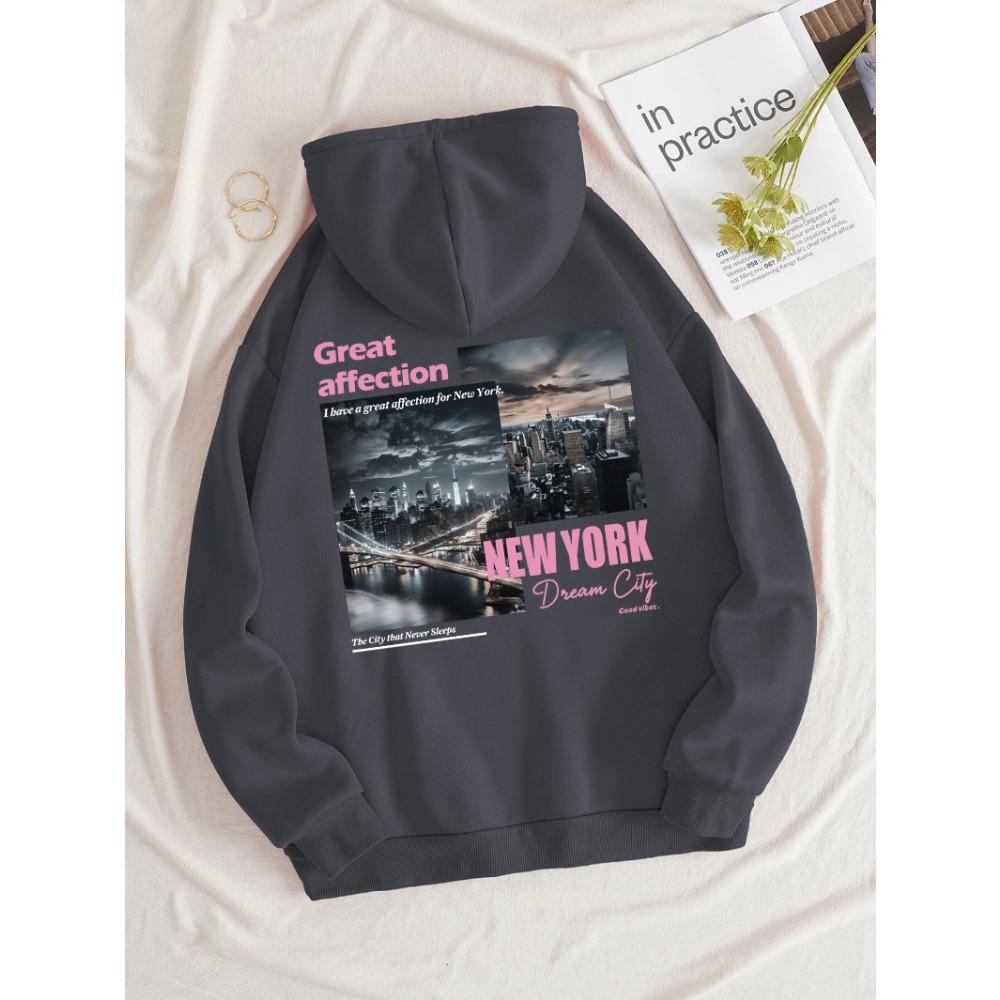 New York Dream City Printed Hoodies Casual Fashion Women Pullover Warm Pocket Sweatshirt Oversize Street Clothes