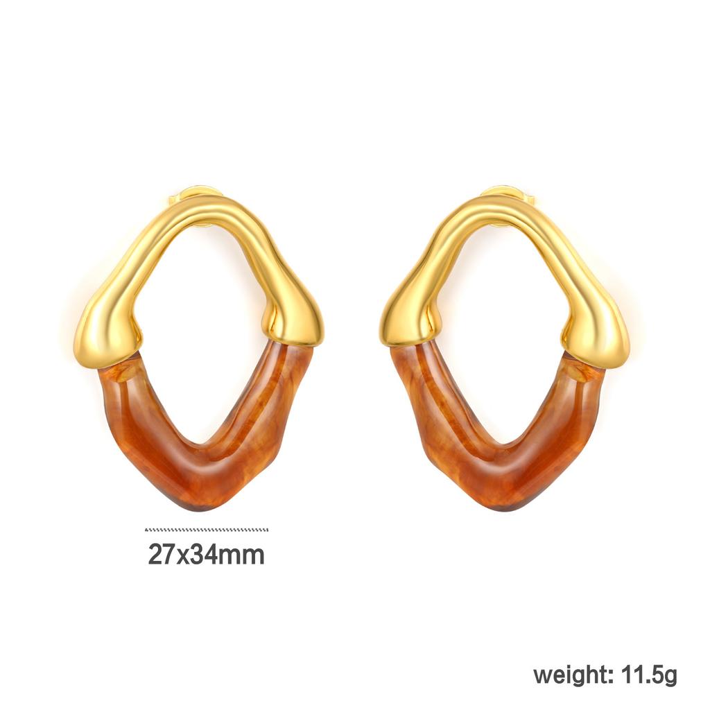 Light luxury design colored resin stud earrings Maillard style irregular hollow V-shaped earrings stainless steel gold-plated earrings