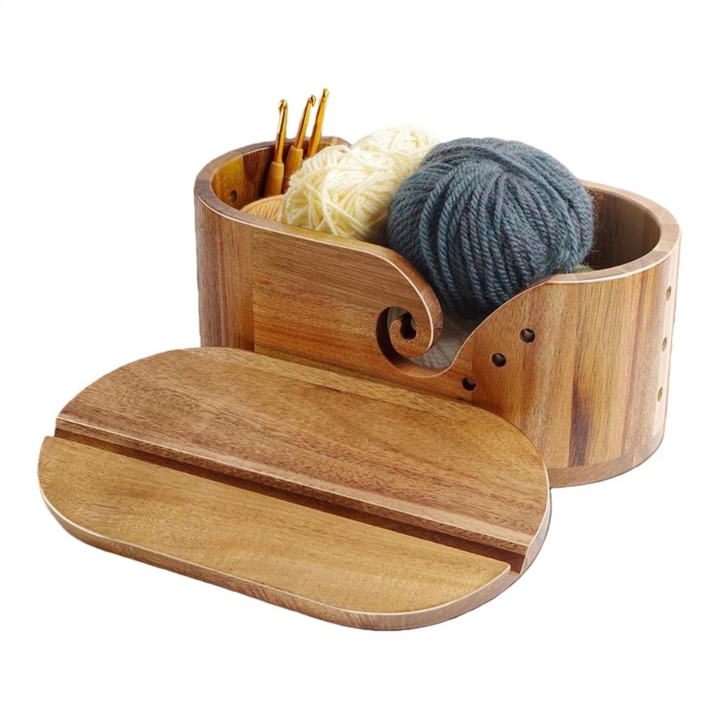 Wooden Yarn Bowl With Lid Large Oval Crochet Yarn Storage Container Handmade For Quilting Knitting Weaving Crocheting Threading