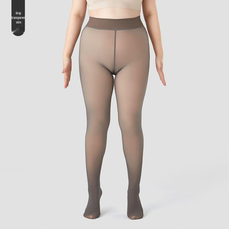 Plus Size Grey Sheer Seamless Leggings: Nude-Look Flight Attendant Style Stockings for Women, Spring & Autumn.