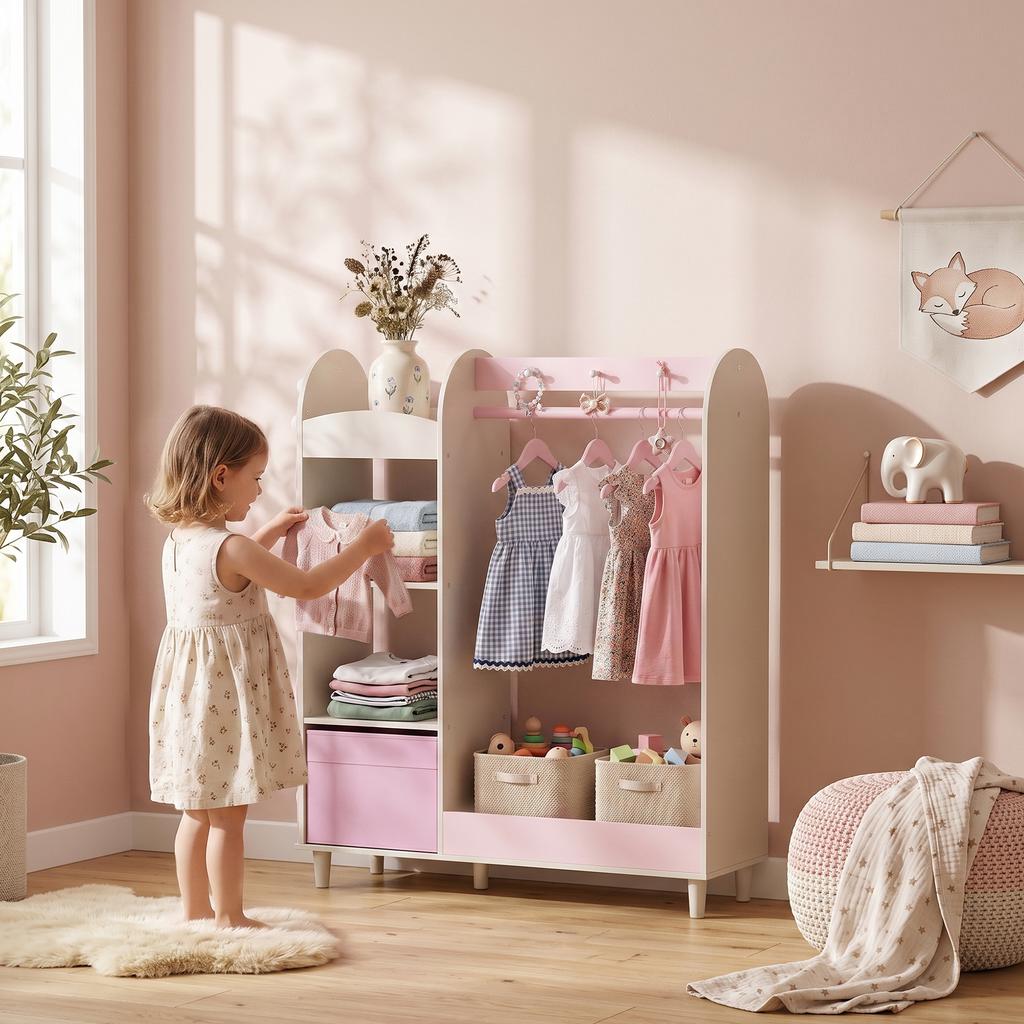 Kids Clothing Rack, Kids Wardrobe with Glowing Lights Mirror, Non-Woven Drawer and Shelves for Bedroom, Ages 3-8, Pink