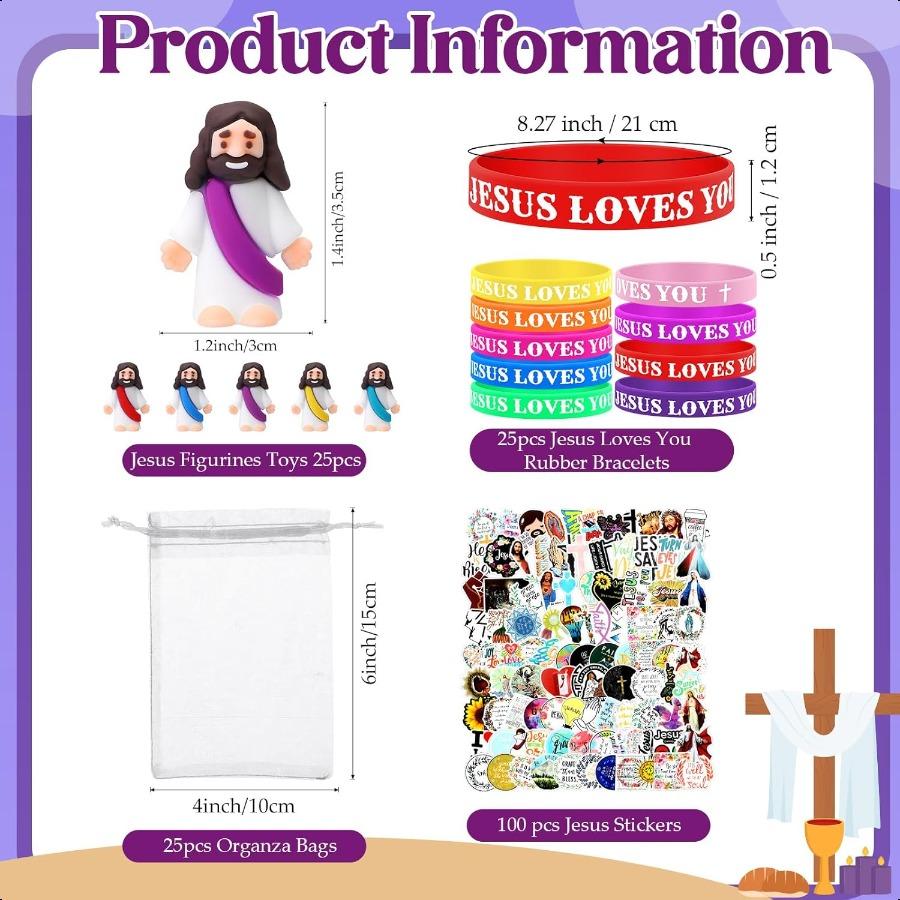 

Bememo 25 наборів Християнські релігійні подарункові набори Фігурка маленького Ісуса Силіконові браслети «Ісус любить тебе» Надихаючі наклейки для Чу United States