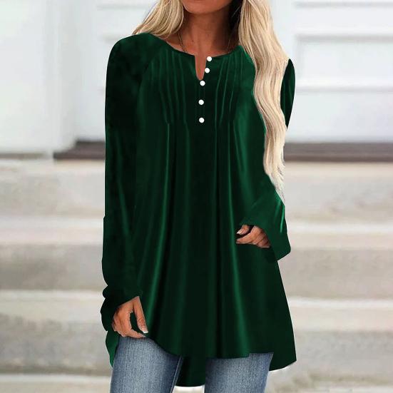 Women Velvet Shirt V-Neck Buttons Half Placket Long Sleeve Asymmetric Hem Pullover Tops Solid Color Mid-length