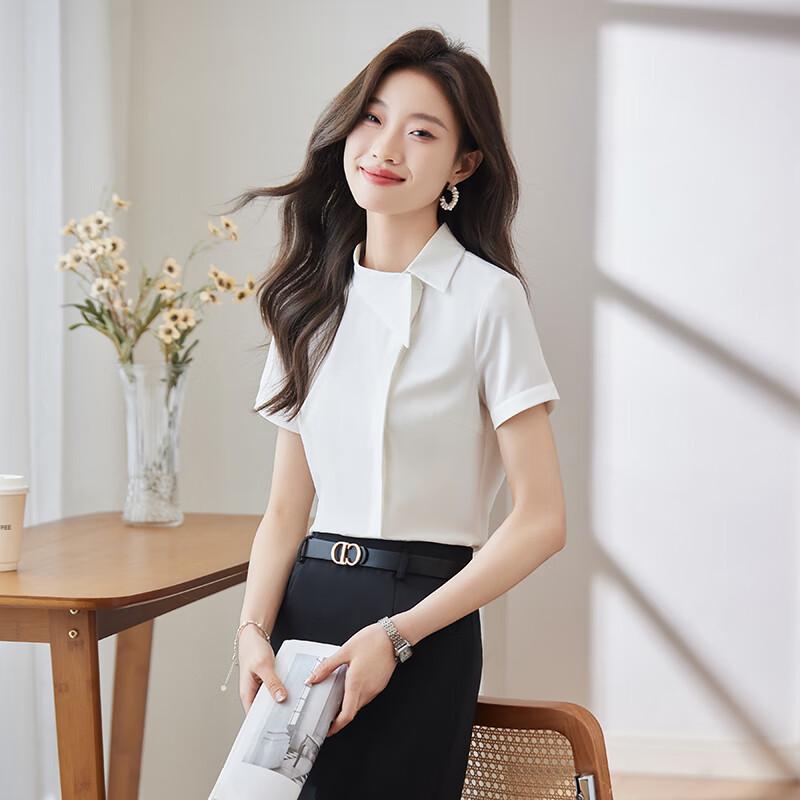 Toluoman Women's Elegant White Short-Sleeve Professional Shirt