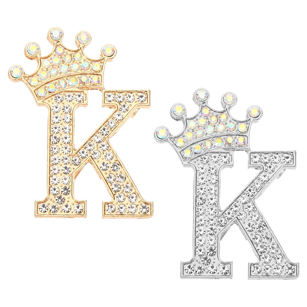 2pcs Letter Brooch Pins Crown Initial Rhinestone Alphabet A-W Letter Lapel Badges Pin for Women Suits Dress Coat Clothes Craft