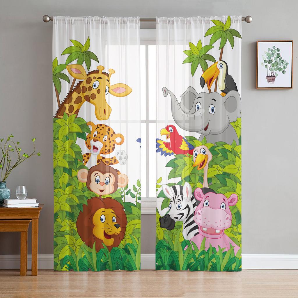 Forest Animal Cartoon Fox Deer Bear Tulle Sheer Window Curtains for Living Room Kitchen Children Bedroom Voile Hanging Curtain