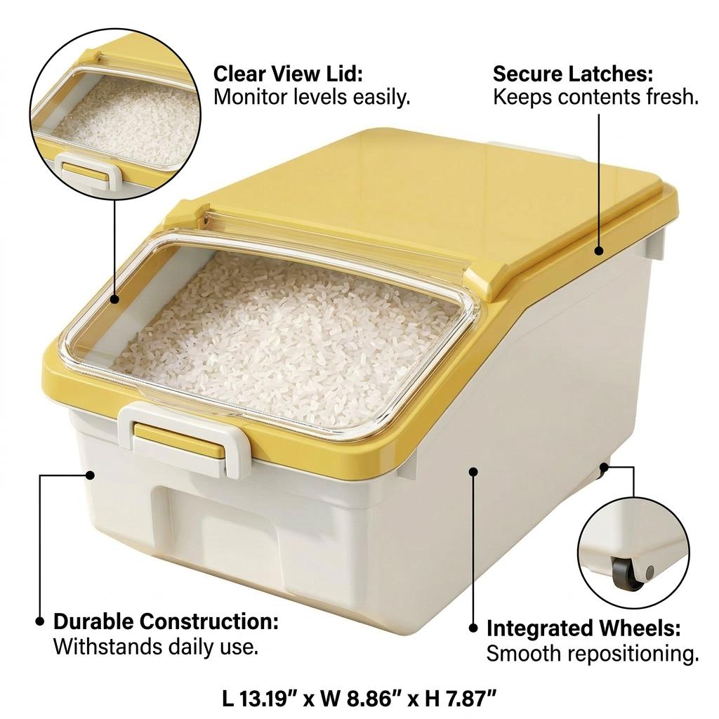 Grand distributeur de riz 10 kg Boîte de rangement pour céréales, Couvercle hermétique à rabat, Organisation du garde-manger