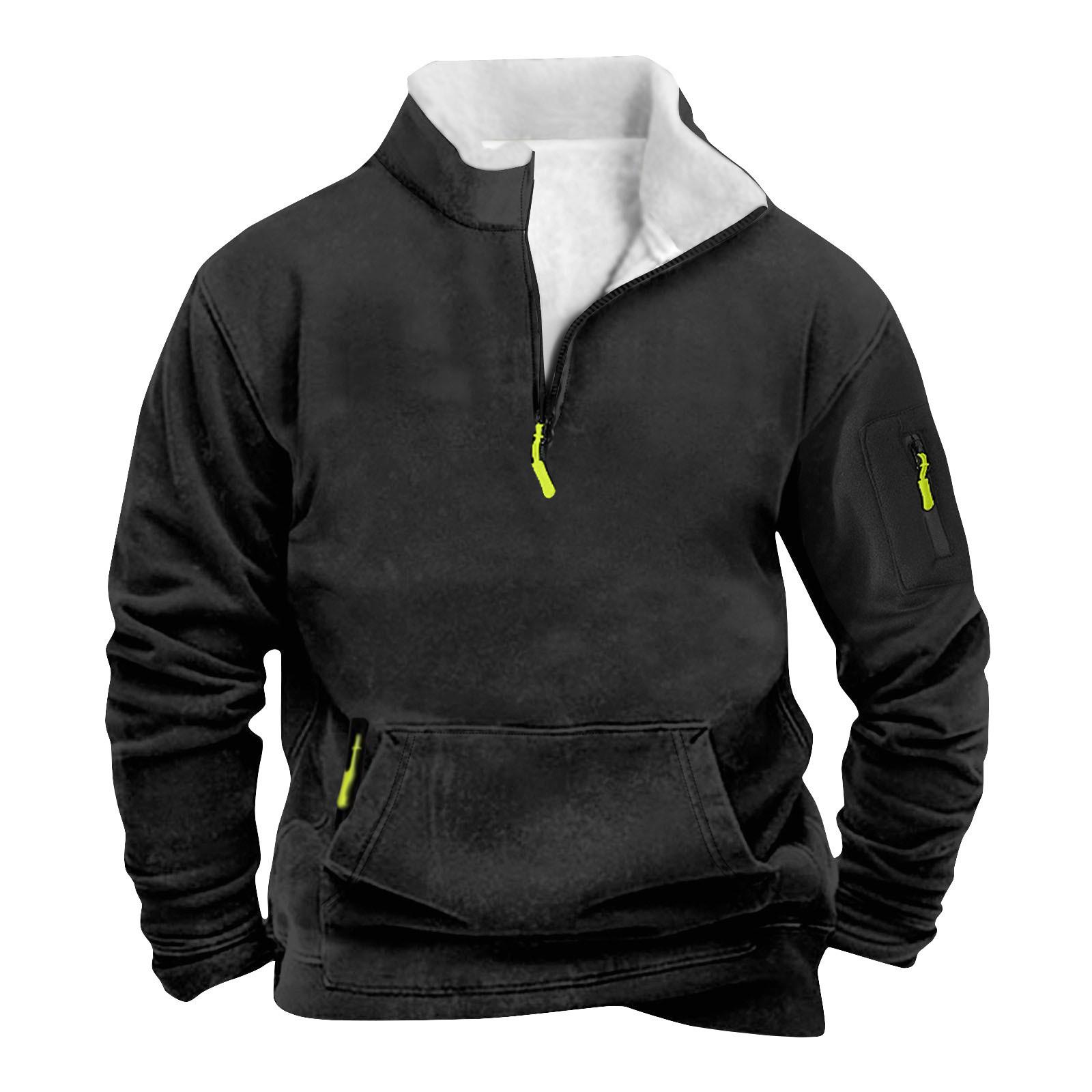 

Мужской свитшот с карманом на молнии и половинной молнией, мужской спортивный свитшот большого размера в стиле кэжуал L чёрный