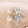 Full Pave CZ Camellia Flower Pearl Dangle Earrings Silver Tone Round Gloss Imitation Pearl Wedding Bridal Jewelry Gift