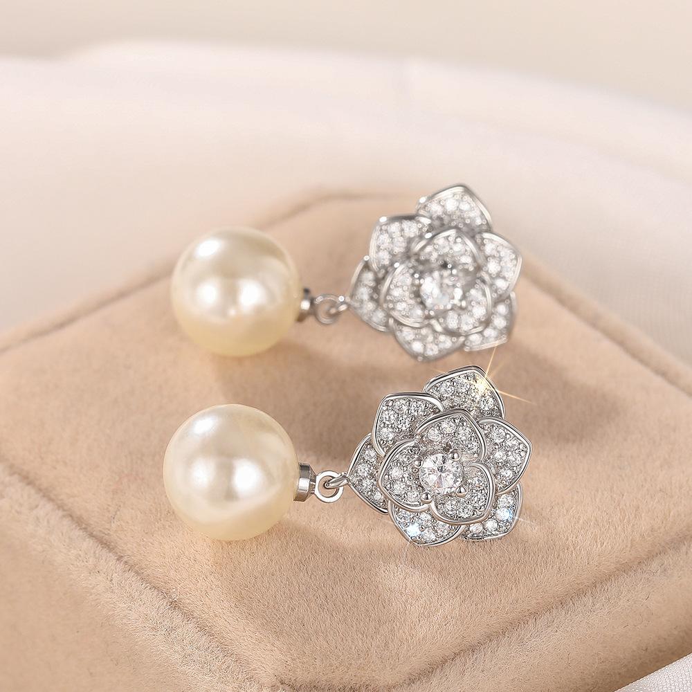 Full Pave CZ Camellia Flower Pearl Dangle Earrings Silver Tone Round Gloss Imitation Pearl Wedding Bridal Jewelry Gift