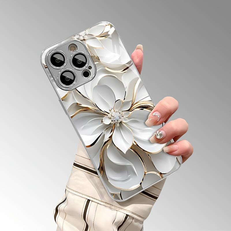 Oil Painting White Flowers Tempered Glass Electroplated Phone Case For iPhone 17 16 15 14 13 12 11 Pro Max Plus 16E 17 Air Cover