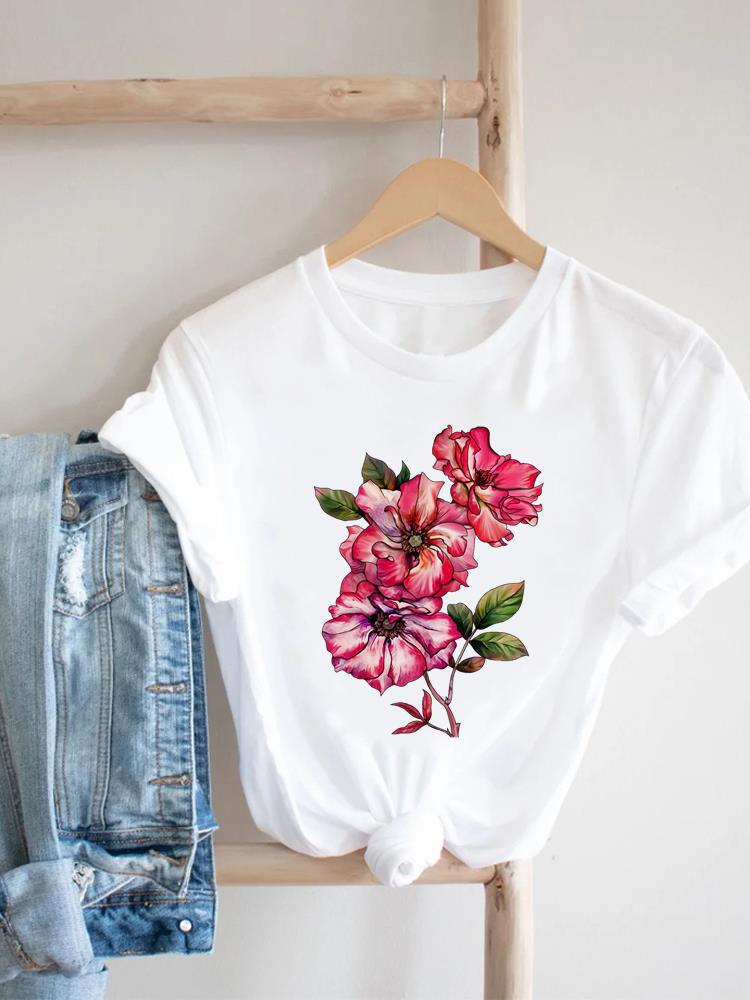 Women's Short-sleeved T-shirt, Fashionable Flower Print Bottoming Shirt