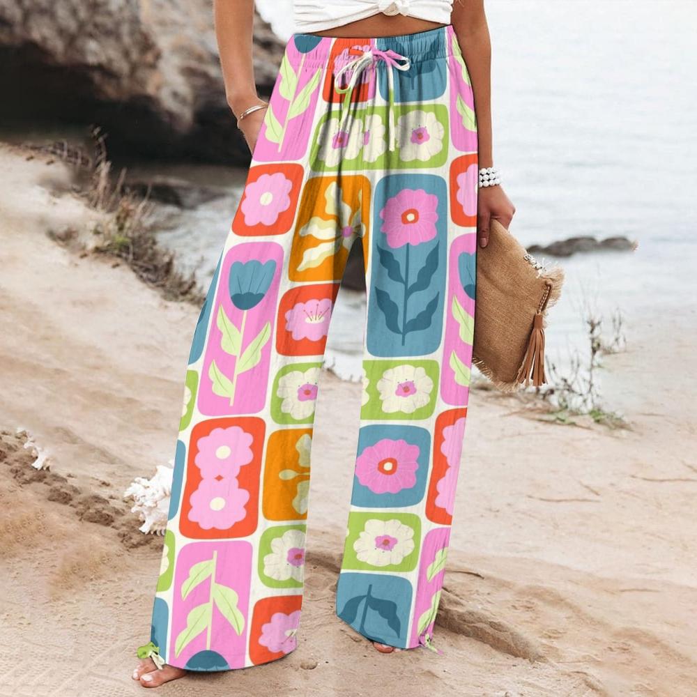 New 3D Floral Print Women s Wide-leg Pants Drawstring Relaxed-Fit Casual Comfortable Breathable Fashionable Wide-Leg Pants XL