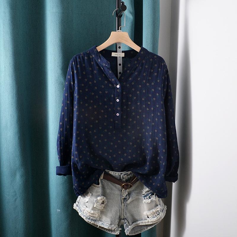Koreanische Version des doppellagigen Baumwollgarn-bedruckten halb geöffneten V-Ausschnitt-Kurzarmshirts Damen Freizeit Locker Oberteil