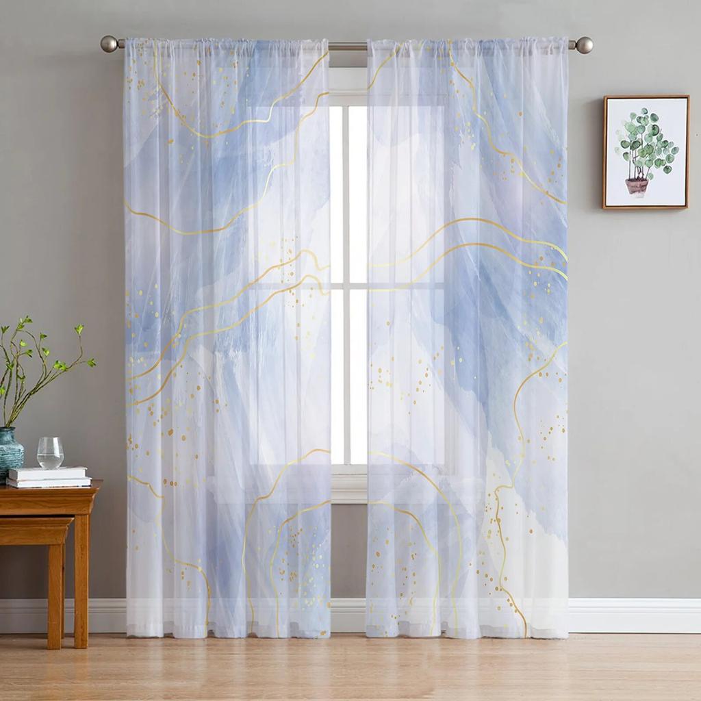 Marble Line Aqua Tulle Curtains for Living Room Bedroom Voile Sheer Curtain Window Home Decor Drapes