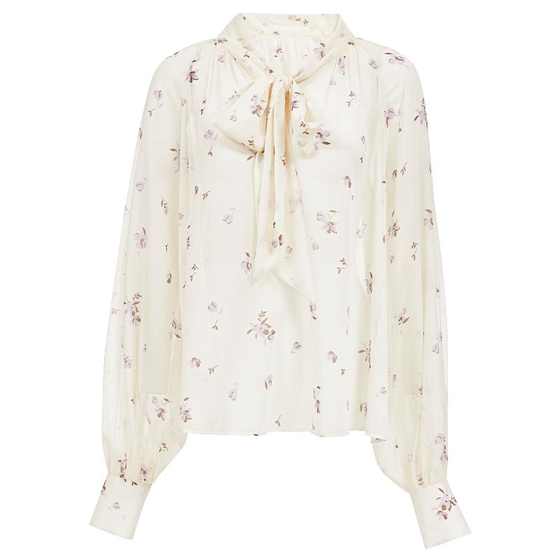 

VEROMODA Women s Floral Puff Sleeve Chiffon Blouse with Tie-Neck M