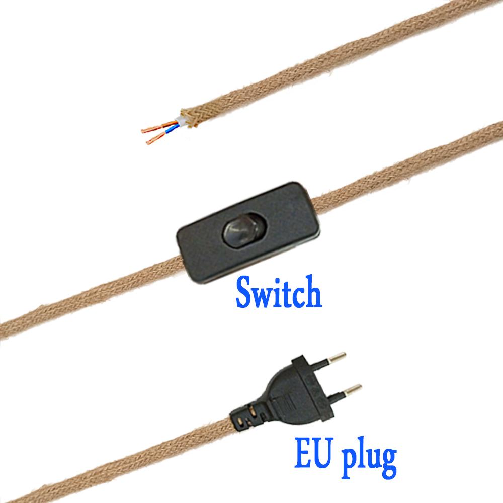 Retro Power Cords Hemp Rope Twiste Cable 2m 3m EU Plug with E26 E27 Vintage Lamp Bulb Holder for Hanging Lights