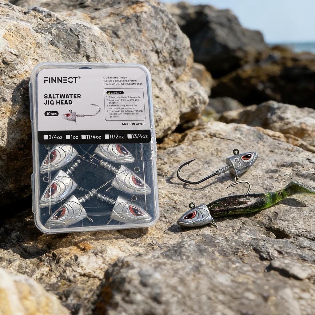 FINNECT Jig Heads 3D Eyes Saltwater Fishing Lure 35g 10-Pack with Storage Case Sea Bass Red Snapper Japanese Bream Hook 6/0 High Strength