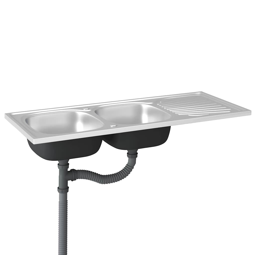 Vidaxl Double Bowl Kitchen Sink, Silver, 1200X600X155 Mm, Steel