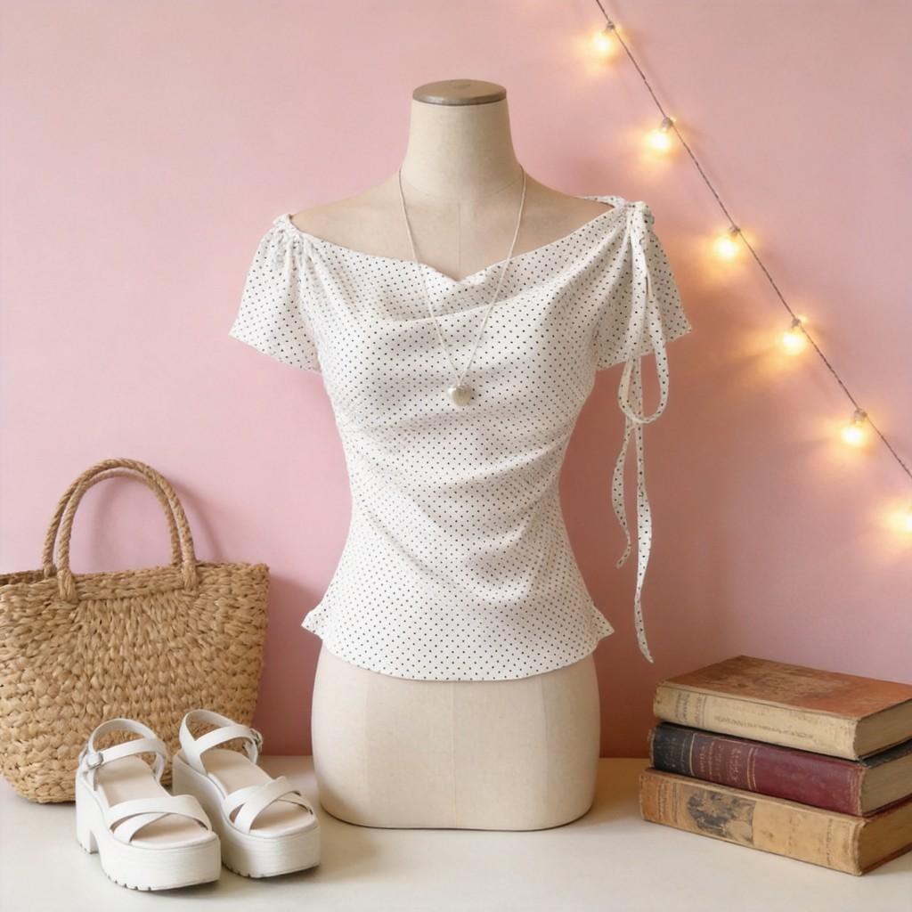 Girl Power Polka Dot Off Shoulder T Shirt With Print For Summer Casual Wear