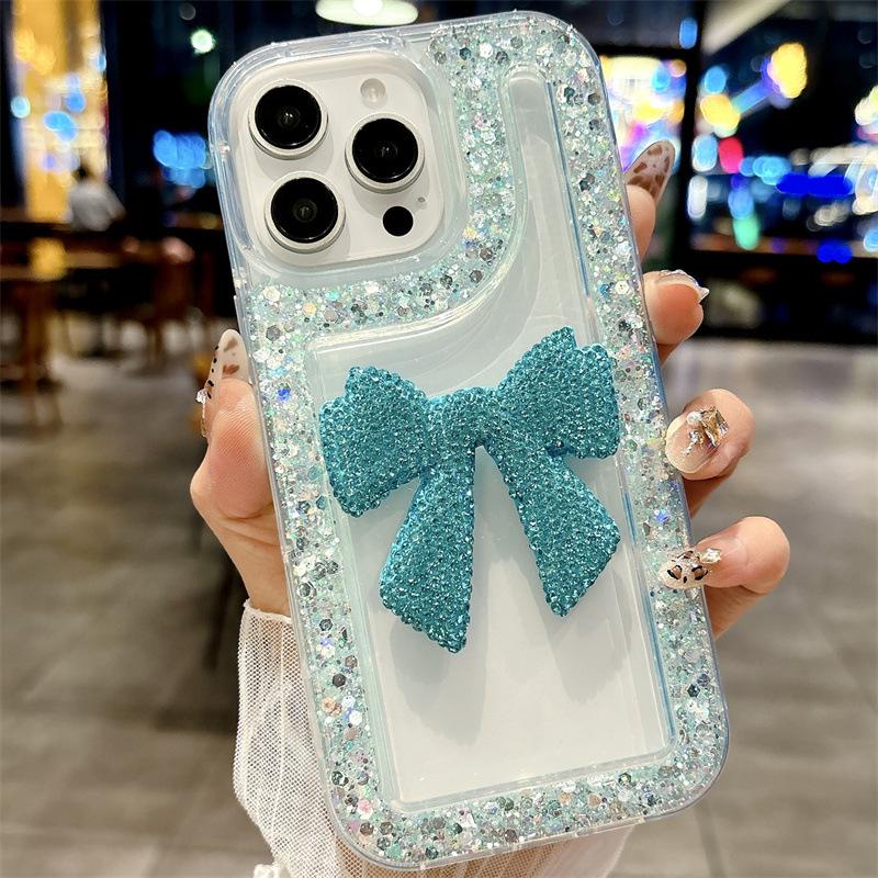 Glitzer Strass Große Schleife iPhone 16/15/14/13/12 Transparent Hülle.