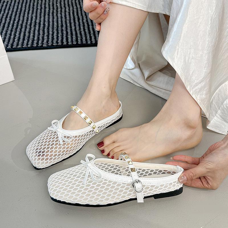 Fashion Summer Low Heeled Woven Mesh Sandals Women's Hollow Slippers Comfortable Square Toe Flat Shoes Lady Outdoor Beach Mueller Slides