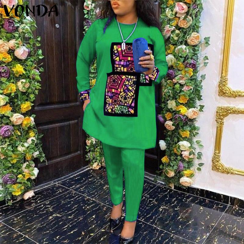 VONDA Zweiteiliges Set für Damen, großes Rundhalsausschnitt, lange Ärmel, bedrucktes Oberteil, einfarbig, lockere Hosen