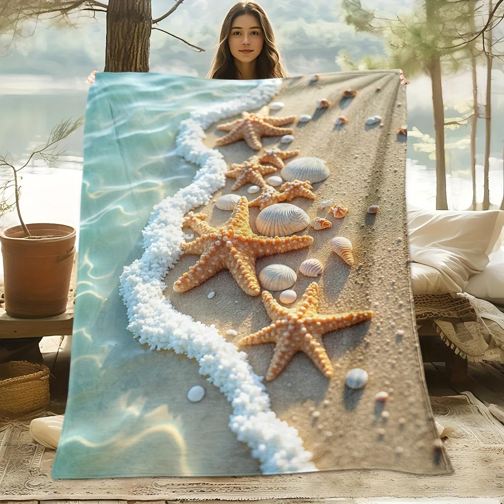 Coastal Beach Theme Flannel Blanket with Starfish Shell Wave Design Soft High-Definition Digital Print Cooling Blanket All-Seaso