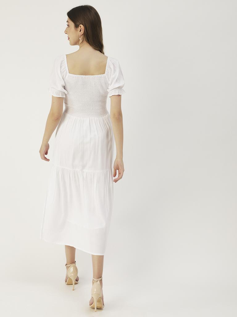 Moomaya Printed Viscose Rayon Summer Dress, Square Neck Smocked Long Dress