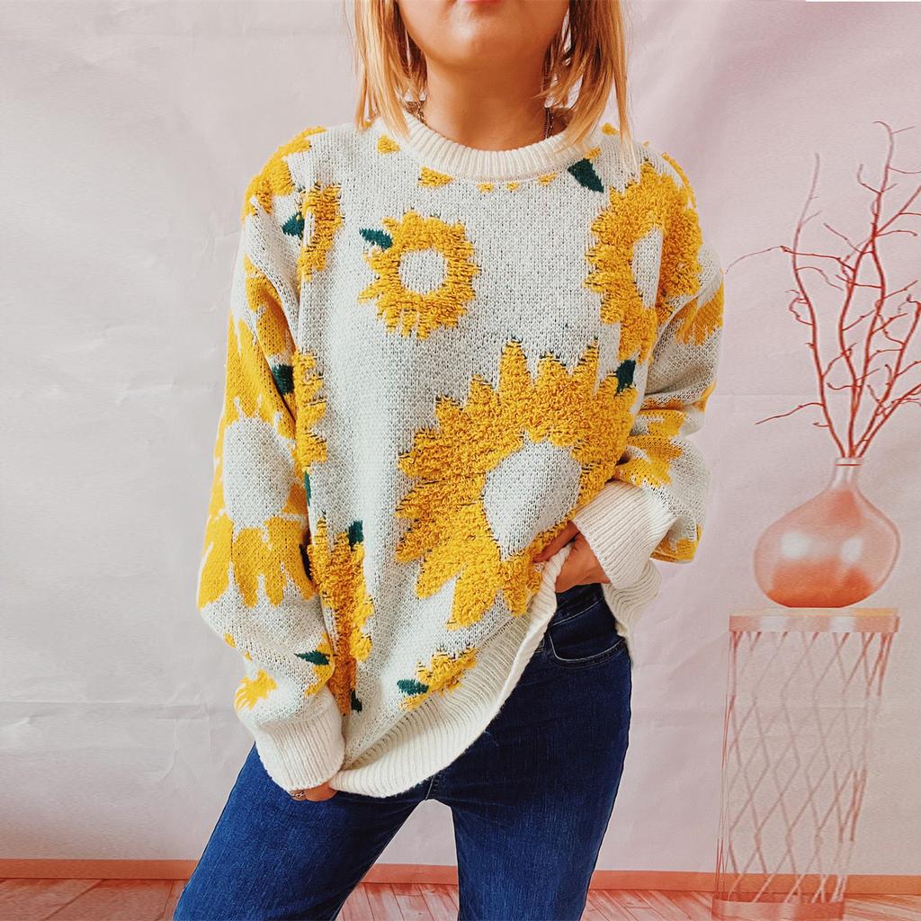 Autumn and winter new top sunflower jacquard round neck long sleeved knitted pullover sweater for women 3589