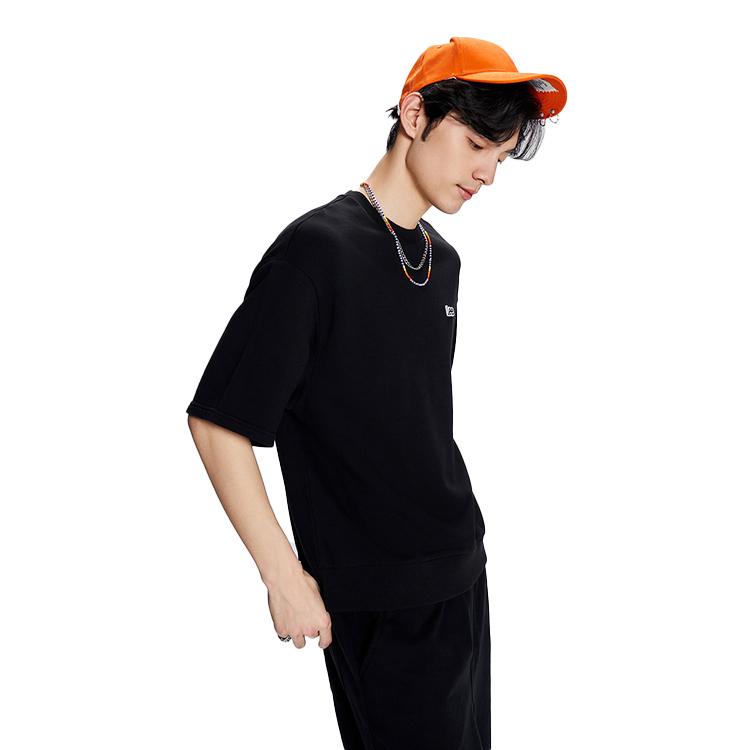 Solid Logo Print Loose Fit Crew Neck Pullover Short Sleeve Sweatshirt Men Sweatshirt Black LUT0051023RV00FK11000
