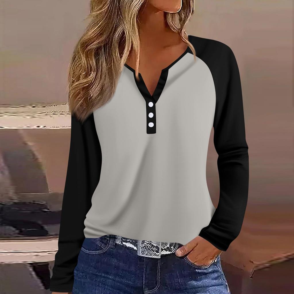 Women's T Shirt Color Block Button Long Sleeve Daily Weekend Fashion Basic V- Neck Regular Top