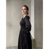 European and American V-neck Lace-up Waist Hugging Pleat Elegant Black French style Long Dress Black Long Dress