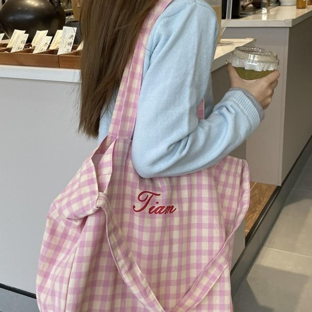 Letter Plaid Shoulder Bag Candy Color Large Capacity Crossbody Bag Fashion Canvas Tote Bag  Daily