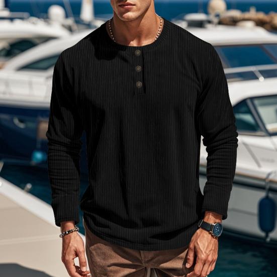 Men Long Sleeve T-Shirt Corduroy Solid Color Spring And Autumn T-Shirt Casual Henry Collar Slim Fit Tee for Daily Wear Travel Office