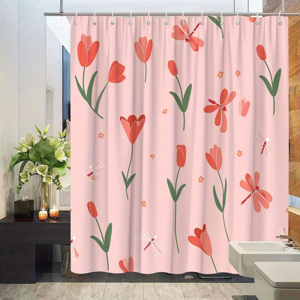 Tulip and Dragonfly Shower Curtain - Vibrant Floral & Insect Design, Polyester Bathroom Decor, 12 Hooks