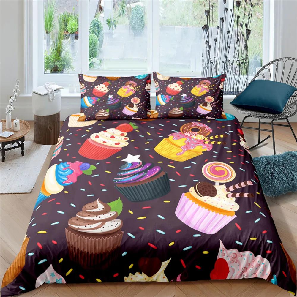 3D Chocolate Dessert Duvet Cover Set Bed Cover Food Candy Donut Cake Comforter Quilt Cover With Pillowcase For Kids Children Bed