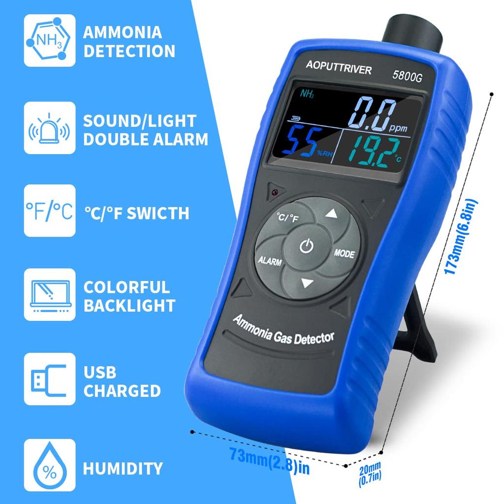AOPUTTRIVER Ammonia Gas Meter NH3 Detector NH3 Leak Detection High Accuracy PPM Monitoring Humidity Measurement Suitable for Farm Agriculture Home