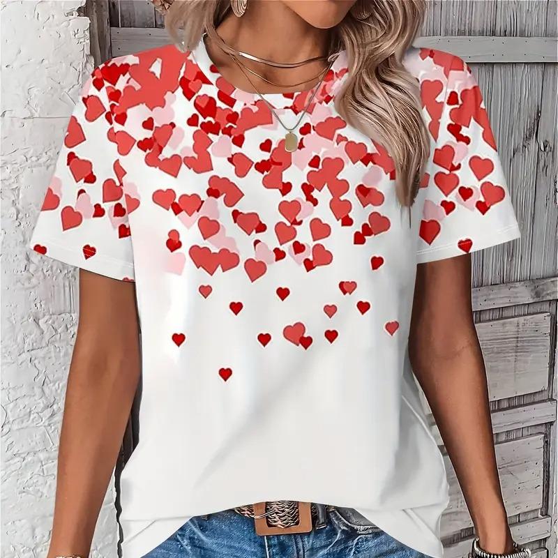 Dames Zomer T-shirt met Ronde Hals en Korte Mouwen met 3D Modieuze Liefdeshart Print Casual Top Machinewasbaar Geschikt voor Dagelijks Buiten Dragen
