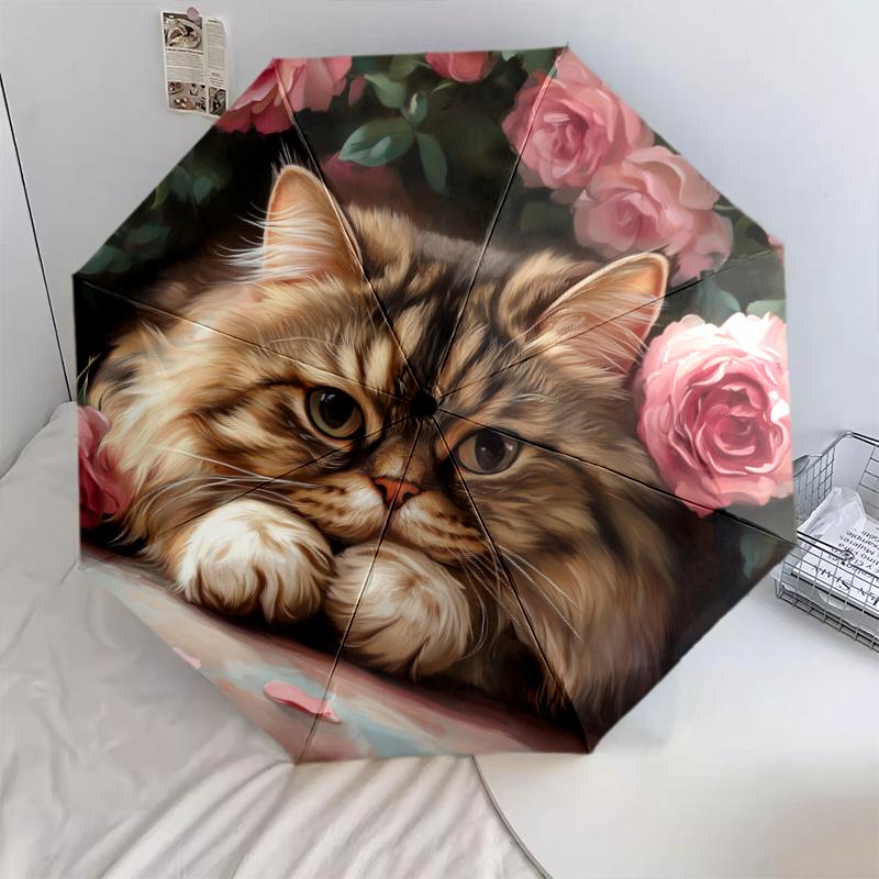 Rose and Persian Cat Pattern, Automatic Folding Umbrella, Portable and Foldable Design, 8 Ribs, a Christmas or Birthday Gift.