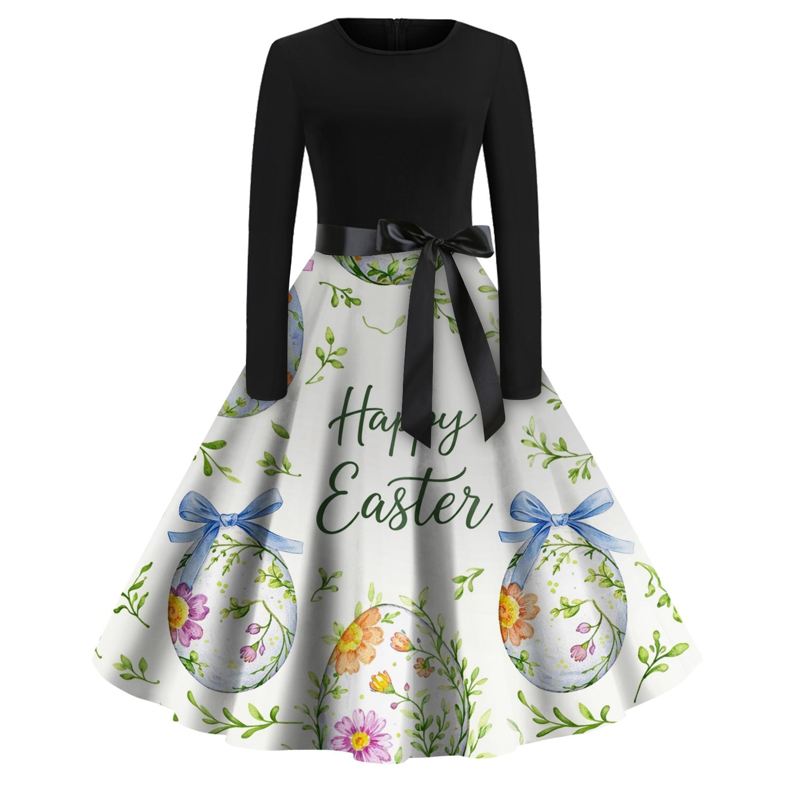 

Жіноча Модна Круглий Виріз Повсякденна Приталена З Великоднім Принтом Широка Довгий Рукав Сукня L зелений