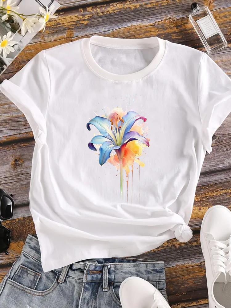 (Asian Size) T-shirts Printed Clothing Lady o-neck Short Sleeve Female Top love heart flower Casual T Shirt Fashion Women Graphic Tee