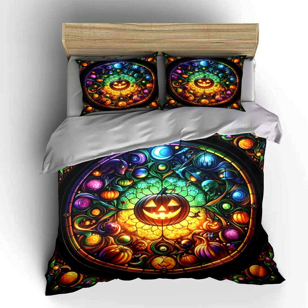 Halloween Decoration Set Pumpkin Artwork Bedding Set With 1 Duvet Cover 2 Pillowcases Single Double King Queen, Gift