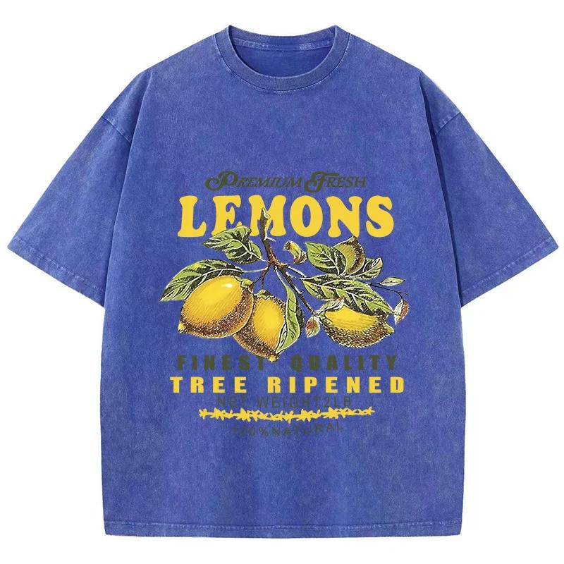 Cotton Women Acid Wash T-Shirts Premium Fresh Lemons Printing Tees Distressed Oversize O-Neck Short Sleeve Female Clothes